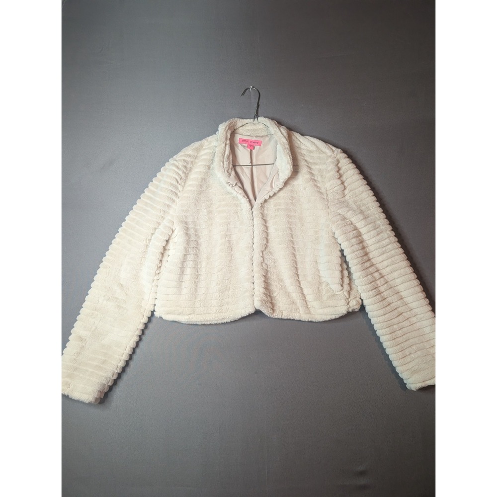 Betsey Johnson Faux Fur Mini Jacket Womens Medium Beige Cropped Ribbed Full Zip
